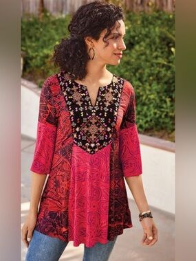 Soft Surroundings Suzi Tunic Women Sz XL Red Embroidered Velvet Flowy Top Boho